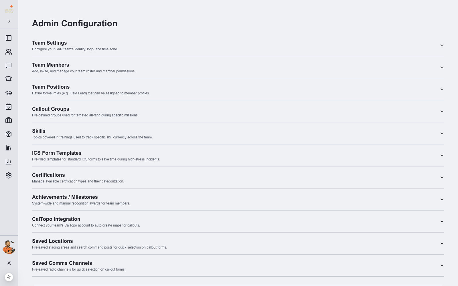 Admin Configuration page with collapsible sections