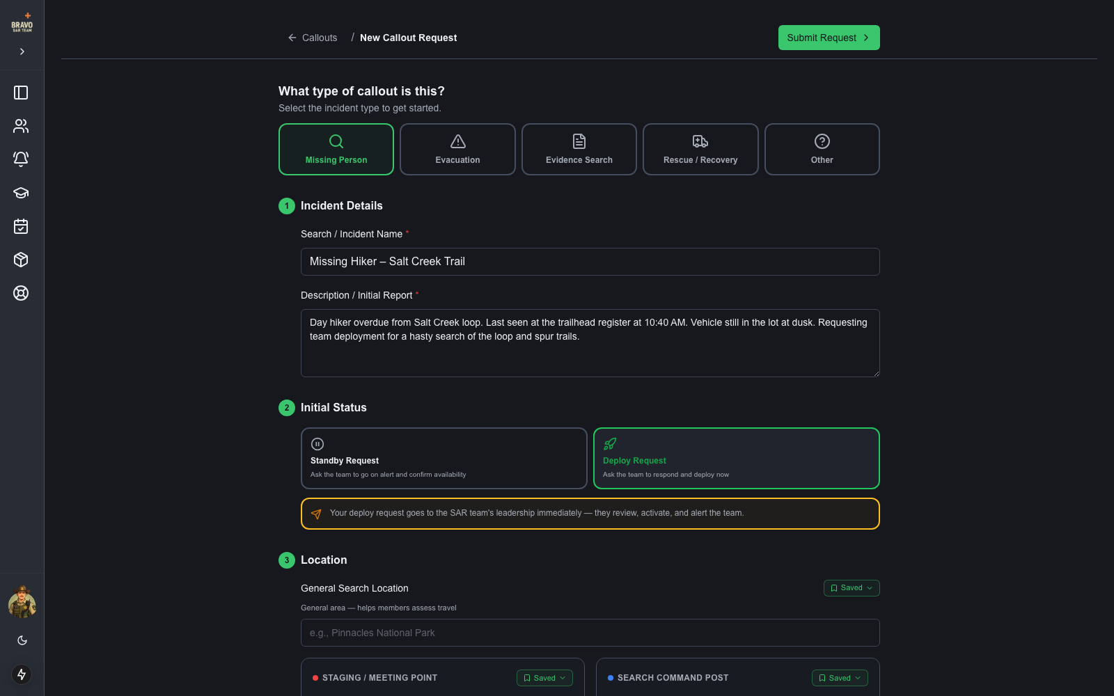 New Callout Request form with Standby Request and Deploy Request options