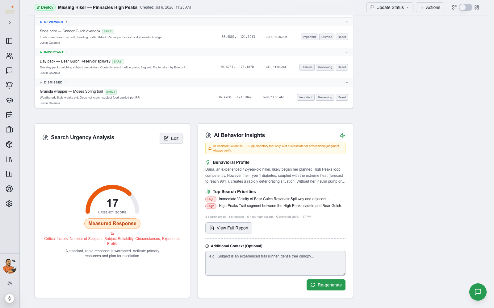 AI Behavior Insights summary card with top search priorities beside the Search Urgency gauge
