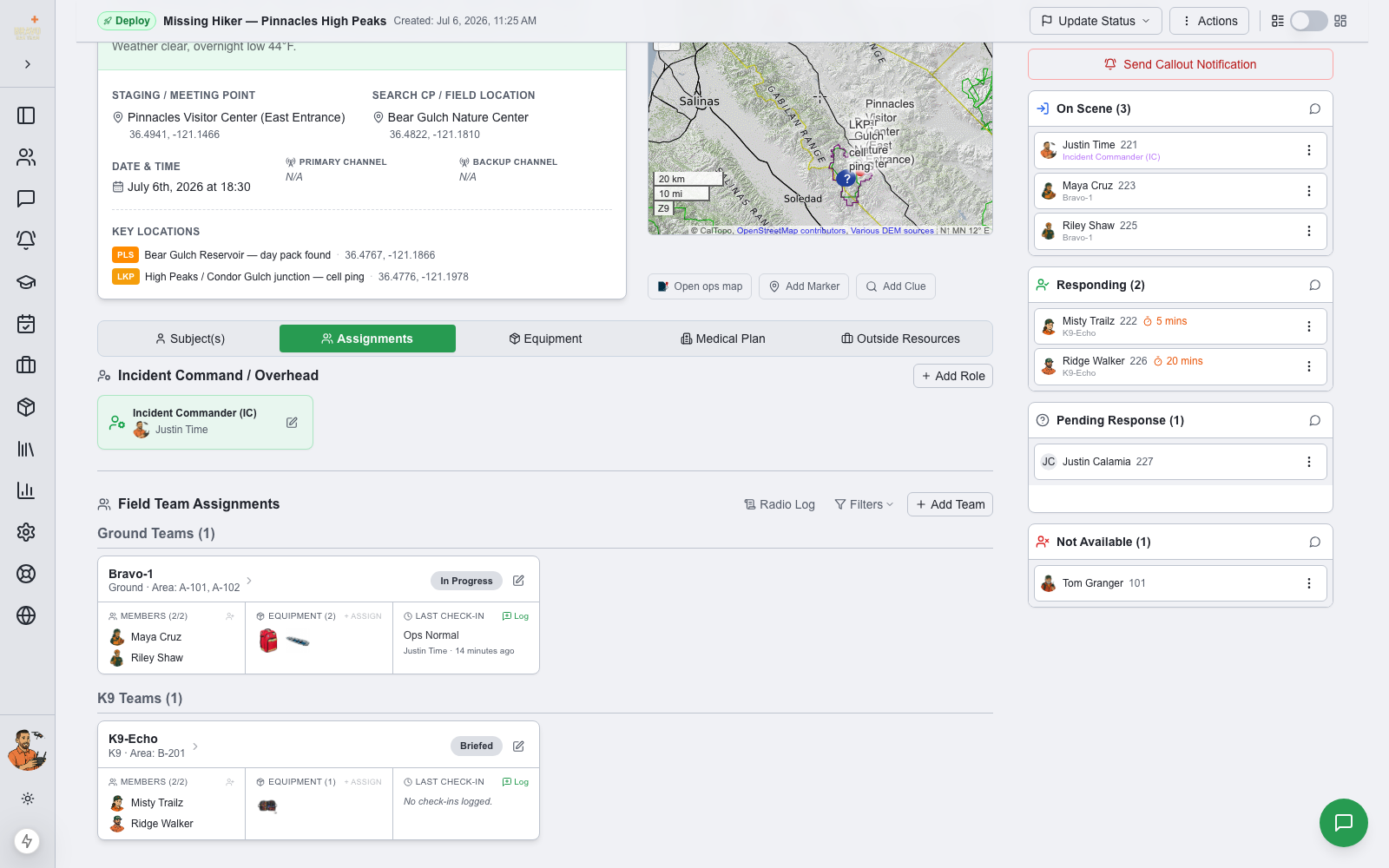 Assignments tab with incident command and typed field teams