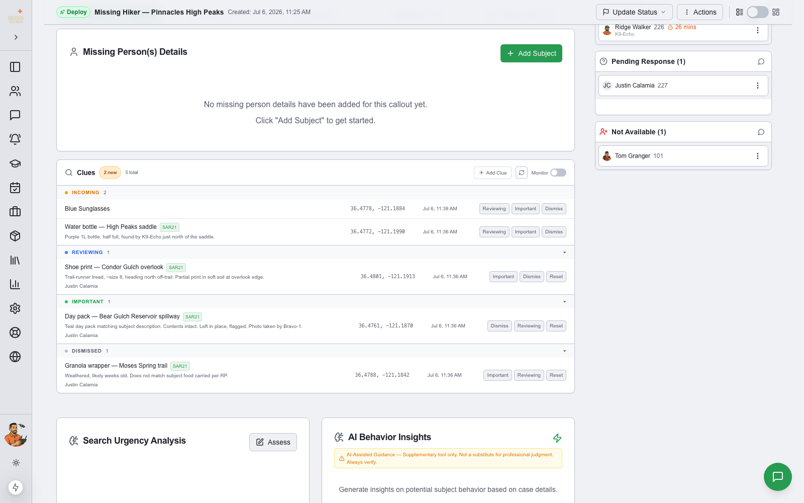 Clues section with Incoming, Reviewing, Important, and Dismissed groups