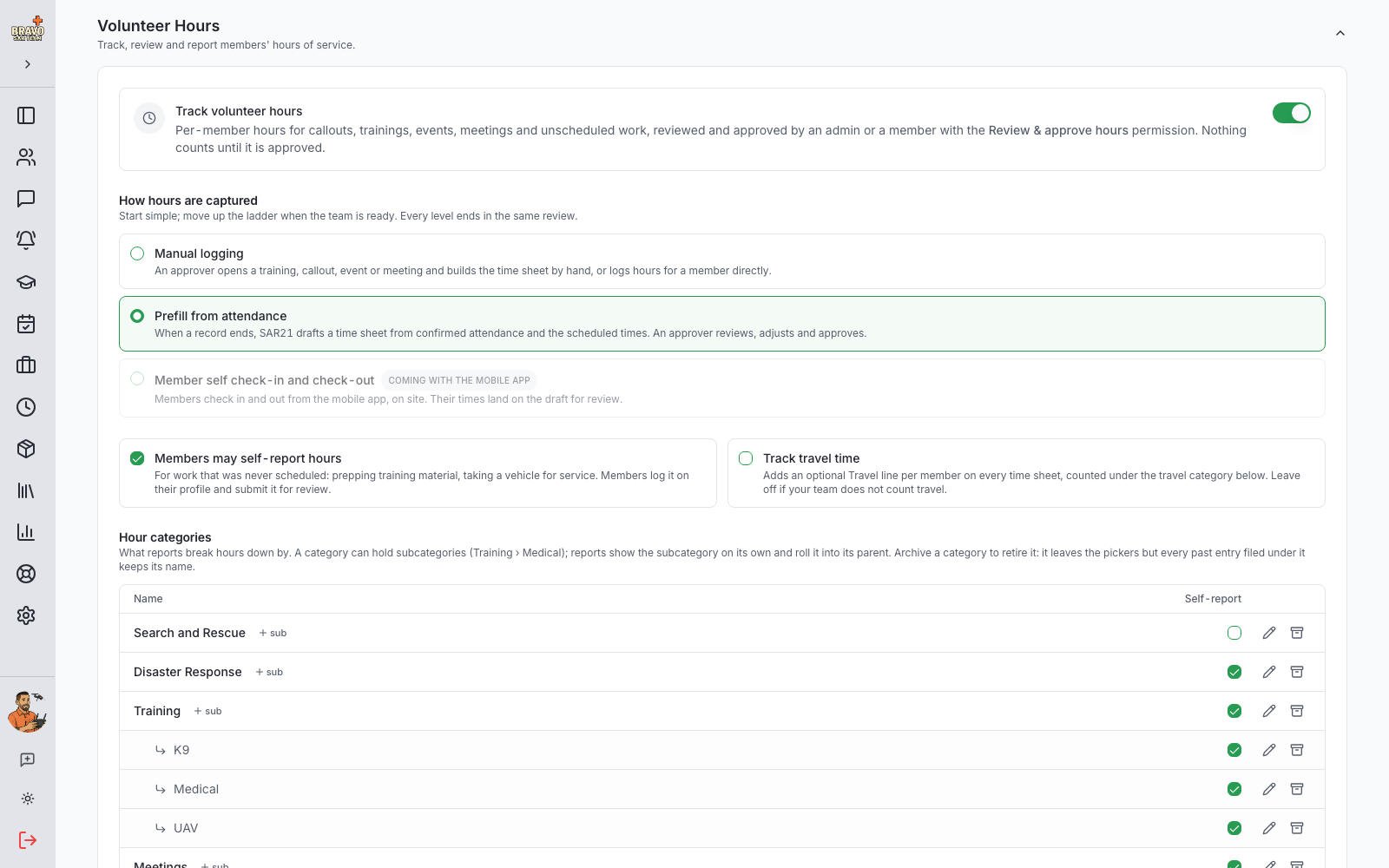 Volunteer Hours section in Admin Settings with the master switch and the capture ladder