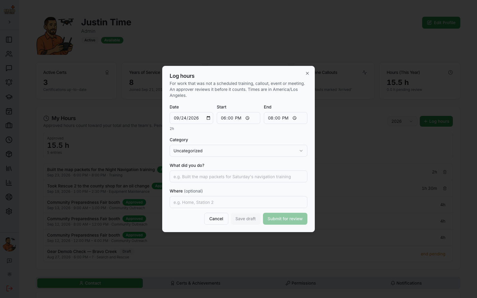 Log hours dialog on a member profile
