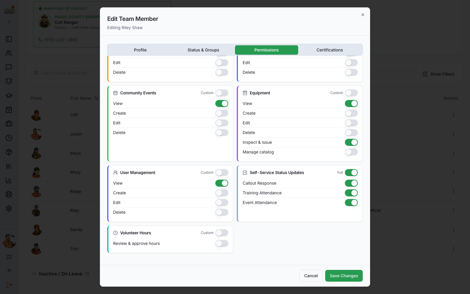 Member edit dialog with the Volunteer Hours permission group