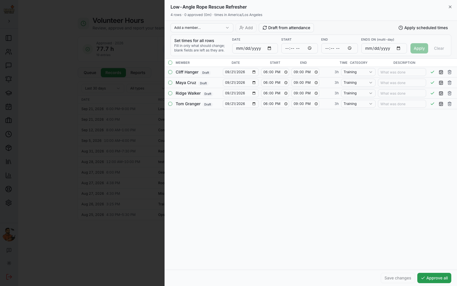 Time sheet editor with one row per confirmed attendee and the Set times strip
