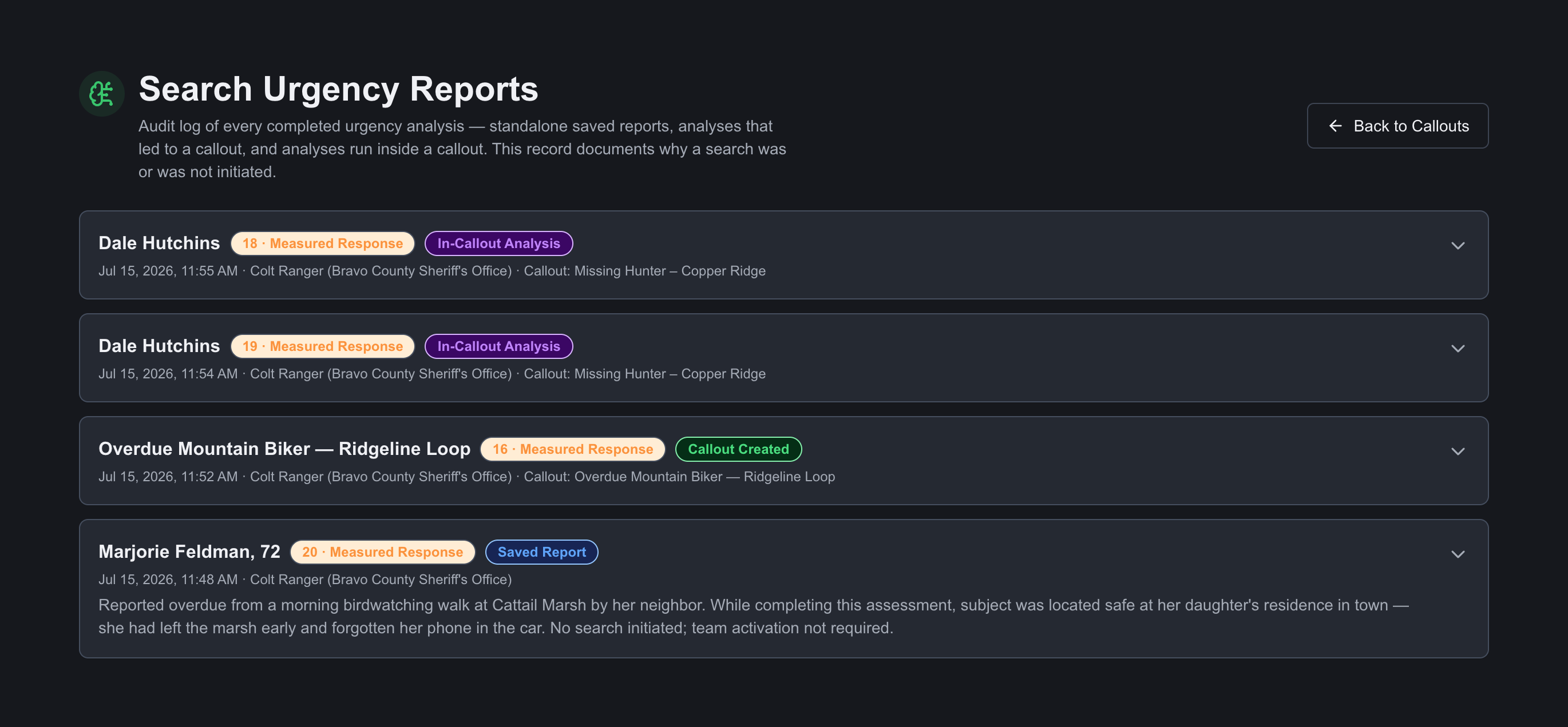 Search Urgency Reports page listing dated entries with score, source badge, and decision note