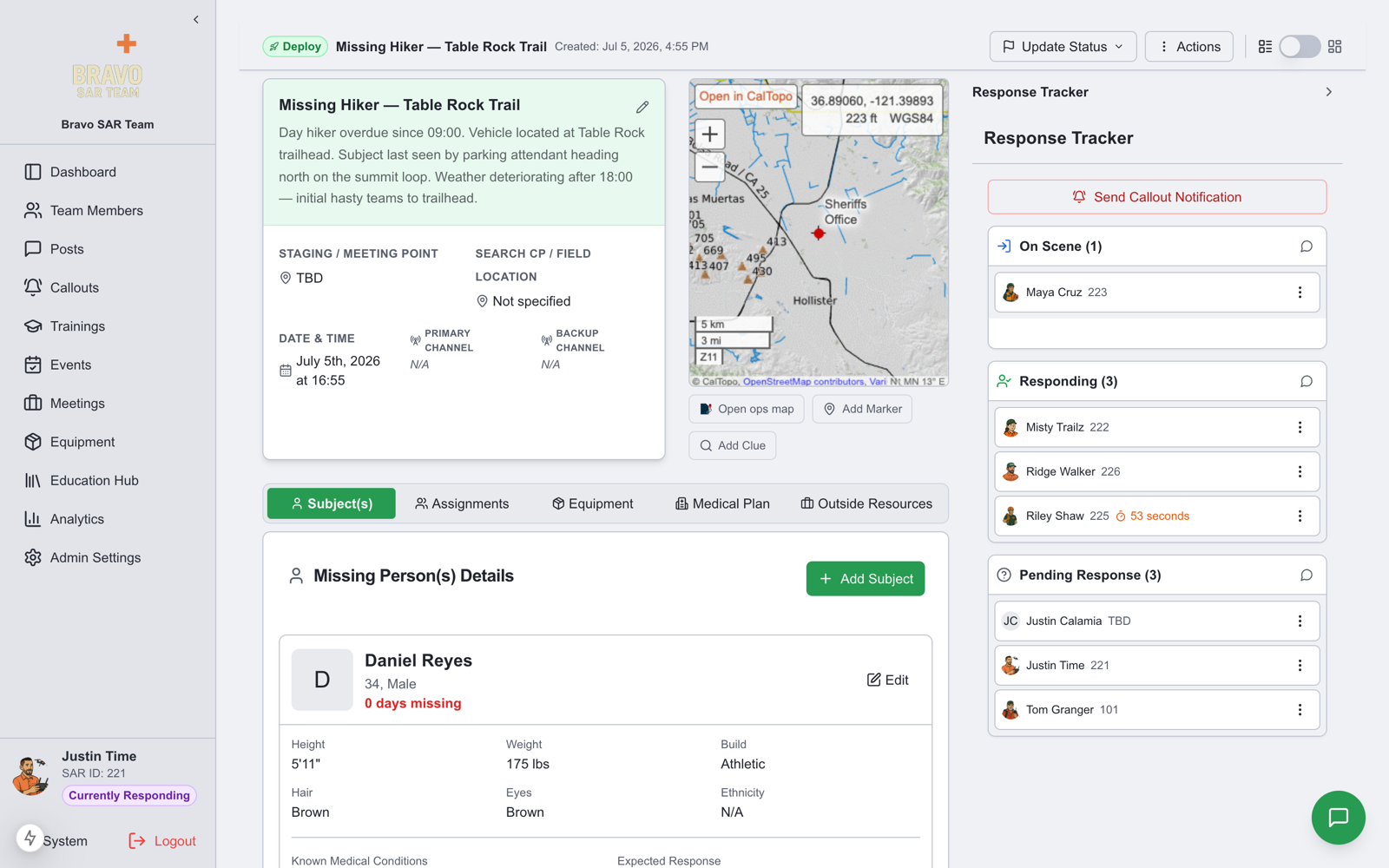 Callout record with the created Caltopo map linked and embedded